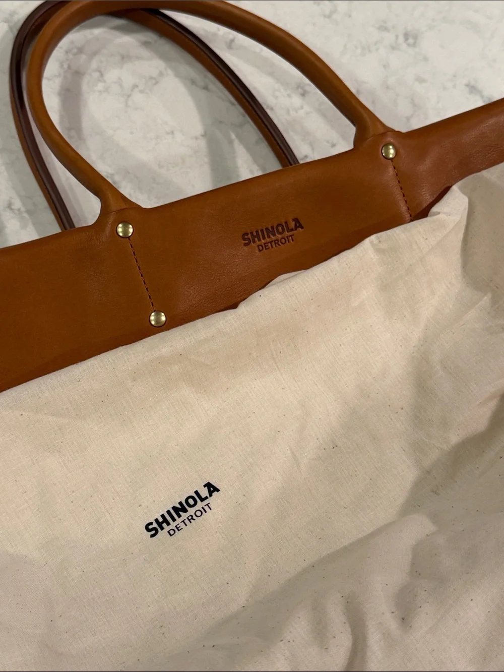 Shinola Cognac Leather Messenger Tote with Striped Shoulder Strap